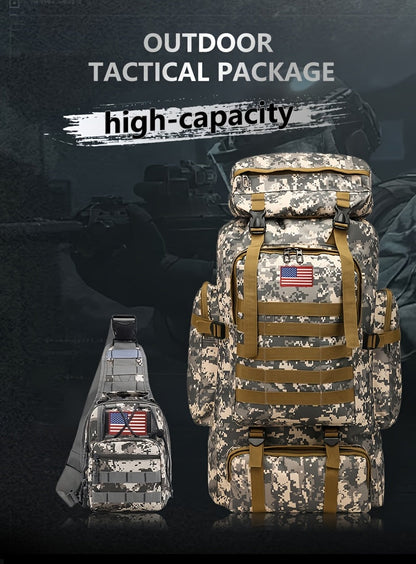 Ensemble tactique 2 pièces : Sac à dos et sac de poitrine - Sac d'assaut 80 L pour 3 jours pour homme, sac à dos militaire en polyester avec système MOLLE pour la randonnée, le camping, la chasse, les voyages et les sports de plein air