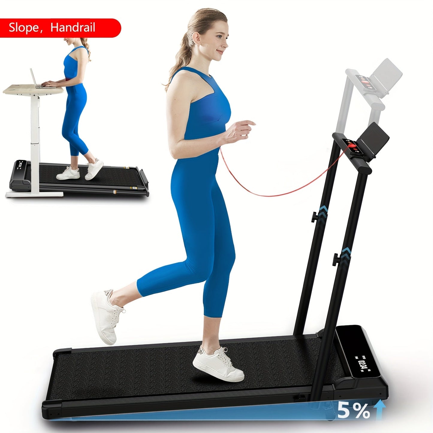 Incline Foldable Treadmill Walking Pad with Handles – 300 LB Capacity Portable Under Desk Treadmill for Home & Office, Compact Quiet Walking Pad with Incline for Weight Loss & Cardio Fitness