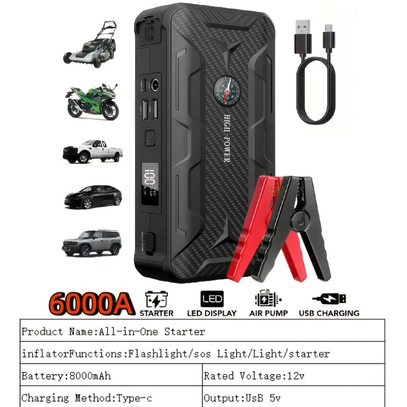 Démarreur de voiture 10000 A avec compresseur d'air 350 PSI, batterie de secours portable 9 en 1 avec lampe LED, charge rapide USB Type-C, gonfleur de pneus – Kit d'urgence pour voiture 12 V et cadeau
