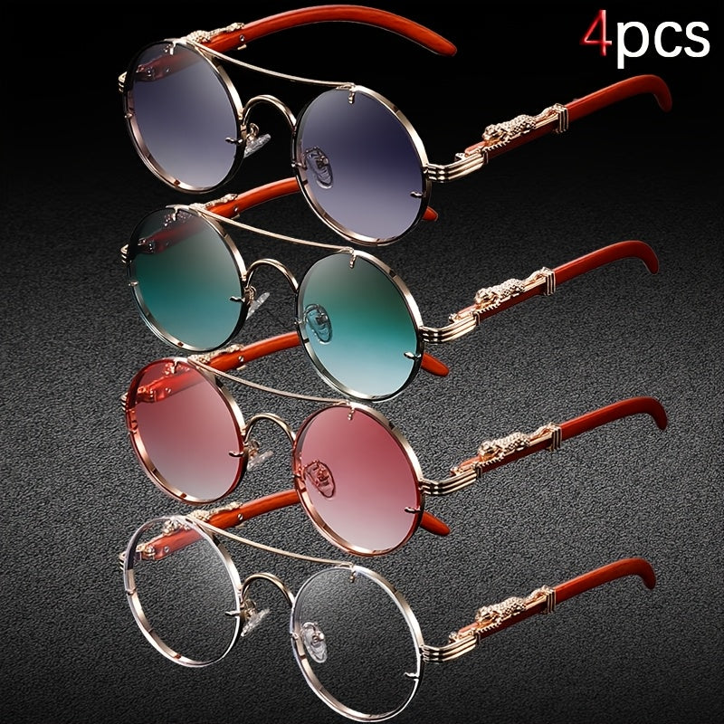Lot de 4 paires de lunettes rondes punk rock avec charnières léopard et détails écailles de tortue – Monture en métal rétro avec verres en polycarbonate, lunettes tendance unisexe pour soirées, photos et usage quotidien