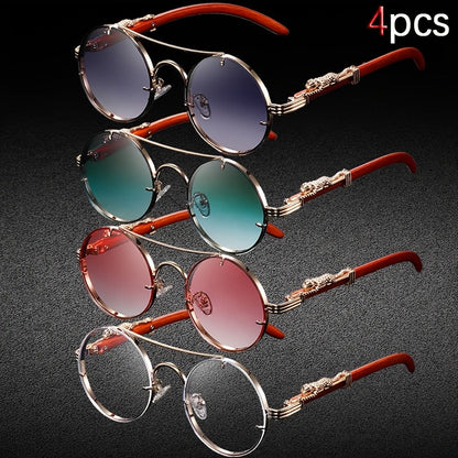 Lot de 4 paires de lunettes rondes punk rock avec charnières léopard et détails écailles de tortue – Monture en métal rétro avec verres en polycarbonate, lunettes tendance unisexe pour soirées, photos et usage quotidien