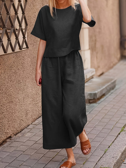 Ensemble tailleur pantalon 2 pièces pour femme, élégant et décontracté, haut à manches courtes et col rond, pantalon large, tenue ample toutes saisons, S M L XL XXL