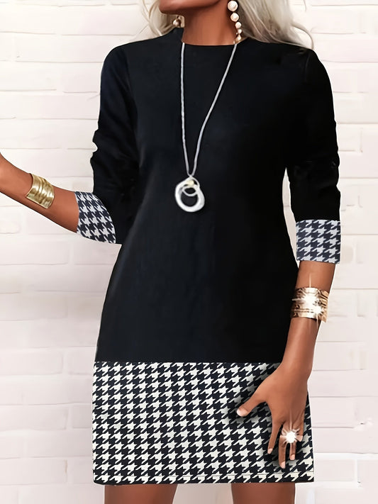 Robe midi trapèze à manches longues pour femme, col rond, motif color-block, moulante, style décontracté, noir, S-XXL