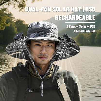 Chapeau de soleil avec ventilateur solaire pour hommes – Large bord anti-UV, ventilateur solaire intégré, taille unique – Idéal pour la pêche, la randonnée, la plage et les activités de plein air