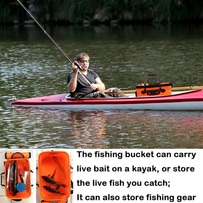 Seau de pêche pliable de 25 L – Conteneur à appâts vivants en EVA, sac de conservation de poissons multifonctionnel et portable pour la pêche à la carpe et en eau douce, cadeau pour homme (bleu/orange)