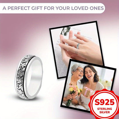 Bague large pour femme en argent sterling 925, motif vintage de feuilles et fleurs sculptées – Anneau élégant style bohème inspiré de la nature, bijou en argent hypoallergénique, tailles 6 à 10, idéal pour le quotidien, les vacances ou comme cadeau d'été