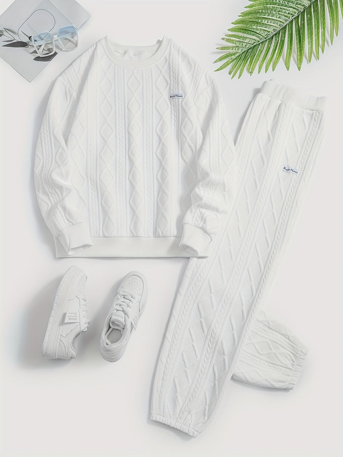 Ensemble survêtement 2 pièces pour femme – Haut à manches longues et col rond en jacquard texturé et pantalon de jogging, tenue de détente décontractée et respirante pour le printemps et l'été S-XXL