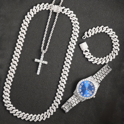 Parure de bijoux 4 pièces avec montre strass et pendentif croix, montre-bracelet analogique à quartz, collier, bracelet et boucles d'oreilles, cadeau unisexe pour lui ou elle, mariage