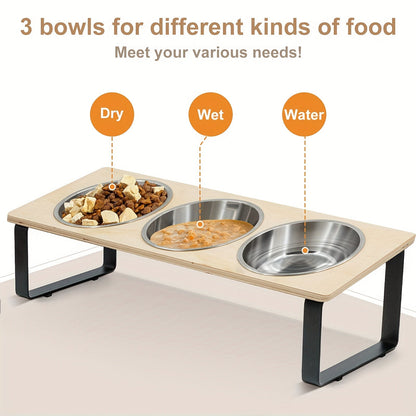 Gamelles surélevées pour chat avec 3 bols en acier inoxydable - Support incliné à 15° anti-vomissements pour chats et petits chiens, ensemble de bols ergonomiques adaptés aux moustaches, accessoire de repas moderne pour animaux