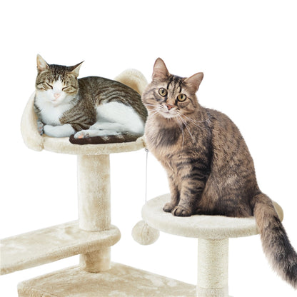 Arbre à chat multiniveaux de 145 cm avec 2 niches – poteaux à griffer en sisal, balle suspendue, plateforme ronde et échelle pour chatons et petits chats d'intérieur, 6 couleurs, cadeau de Noël pour les amoureux des chats