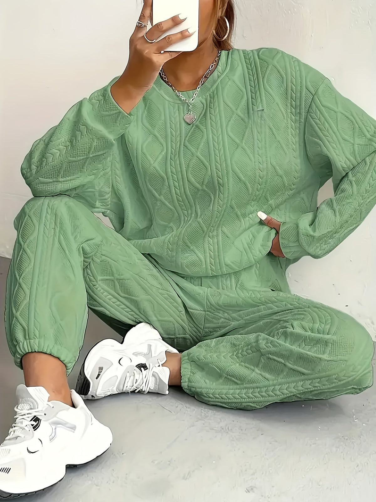 Ensemble survêtement 2 pièces pour femme – Haut à manches longues et col rond en jacquard texturé et pantalon de jogging, tenue de détente décontractée et respirante pour le printemps et l'été S-XXL