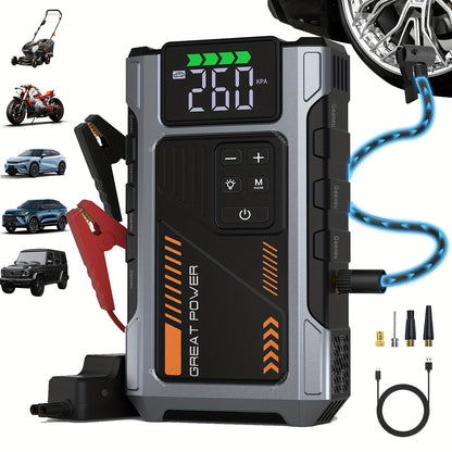 Démarreur de voiture 5000A avec compresseur d'air 150 PSI – Batterie de secours portable 12000 mAh, gonfleur de pneu numérique, USB-C et USB-A, lampe de secours LED pour moteurs essence et diesel 12V