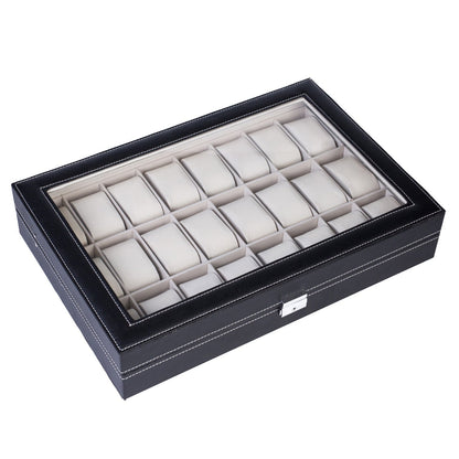 Boîte de rangement pour 24 montres en cuir – Présentoir grande capacité avec couvercle à ouverture par le haut, coffret verrouillable pour hommes et femmes, élégant écrin de collection en cuir PU noir