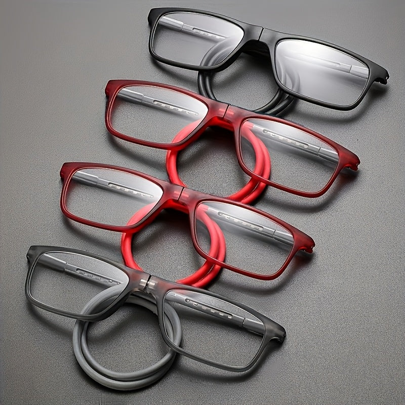 4 paires de lunettes de lecture magnétiques pliables à suspendre au cou pour hommes et femmes – Monture presbyte rétro carrée ultralégère, design télescopique anti-chute portable, puissances de +1,0 à +4,0 pour le port quotidien au bureau