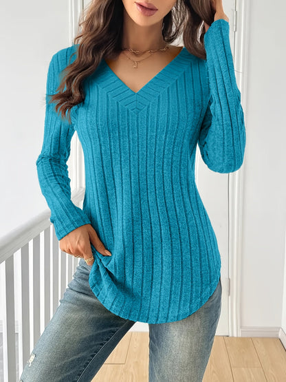 T-shirt à manches longues et col en V pour femme – Haut décontracté en maille côtelée extensible et douce pour le printemps, l'automne et l'hiver | Multicolore S-XXL