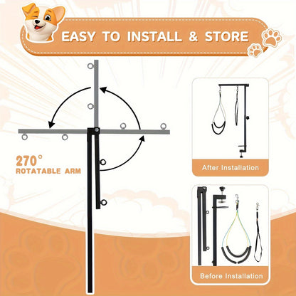 Bras de toilettage réglable et pliable avec pince pour table – Support de hanche et boucle 2-en-1 pour table de toilettage, hauteur 20-33 pouces (50-84 cm), bras de contention portable pour petits chiens et chiots, table non incluse