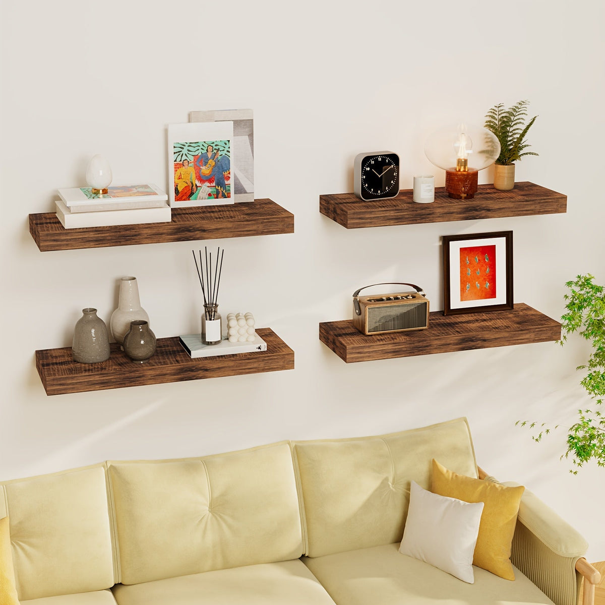 Étagères murales flottantes 15,8 pouces au fini rustique avec supports invisibles pour décoration murale et rangement – Lot de 4 ou 8 en noyer noir rustique