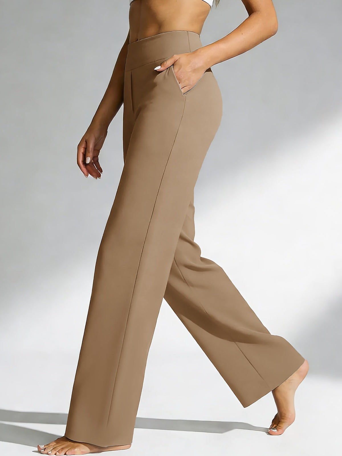 Pantalon de yoga taille haute à jambe droite pour femme avec poches – Vêtement de sport décontracté, extensible et ample pour femme, pantalon d'entraînement uni d'été pour le yoga, la gym, le pilates et le quotidien, S-XXL