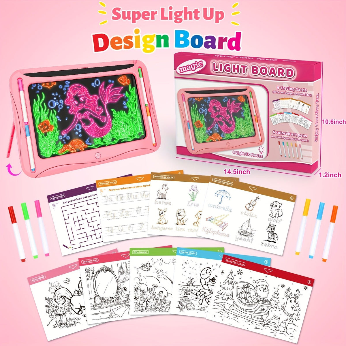 Tablette à dessin lumineuse LED pour enfants de 3 à 8 ans – Kit d’art phosphorescent avec 9 cartes recto-verso et 6 marqueurs, jouet éducatif de voyage, cadeau d'anniversaire et de Noël pour filles et garçons
