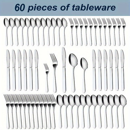 Ensemble de couverts en acier inoxydable 60/90 pièces – Argenterie pour 12 à 18 personnes avec coffret cadeau, couteaux à steak, fourchettes à salade, cuillères à dessert, lavable au lave-vaisselle, pour la maison, mariage, camping, fête, Halloween