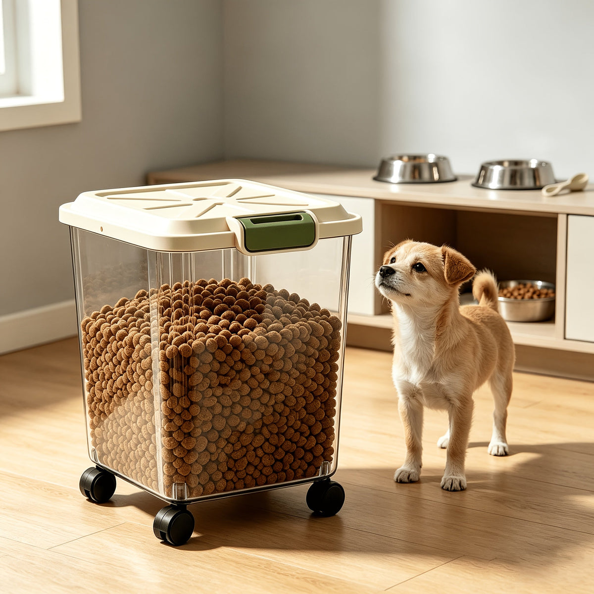 Conteneur de stockage mobile pour nourriture pour animaux avec couvercle hermétique – Bac alimentaire transparent sur roulettes pour croquettes pour chiens et chats, riz et farine, 3 options de capacité de 2,5 à 15 kg, écuelle incluse