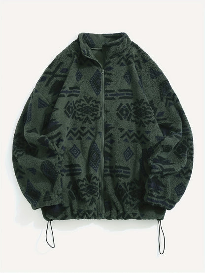 Ethnic Print Zip-Up Jacket Women's Microfleece Plush Zip-Up Jacket Tribal Pattern Fall Winter Coat with Zipper Closure High Elasticity Fleece Outerwear