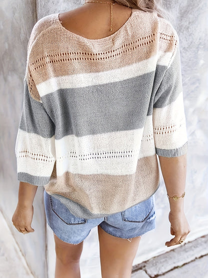 Haut en tricot pour femme, col en V, épaules dénudées, ajouré, à rayures et blocs de couleurs - Chemisier décontracté d'été pour le quotidien et les vacances à la plage