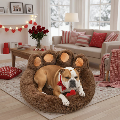 Lit pour chien et chat en forme de patte d'ours – Coussin rond apaisant, chaud et doux en peluche pour animal de compagnie avec foulard bonus, S M L XL 2XL Café Rose Gris Marron pour chiens et chats de petite, moyenne et grande taille