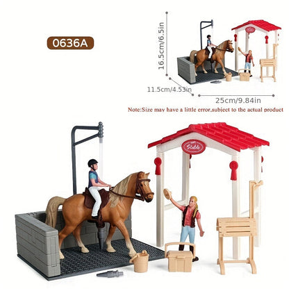 Ensemble de jeu Deluxe Ferme et Ranch avec écurie et chevaux – Scène d'équitation en PVC avec cavalier, chevaux, clôture et accessoires de cow-boy | Jouet d'imitation pour garçons et filles | Cadeau d'anniversaire ou de Noël