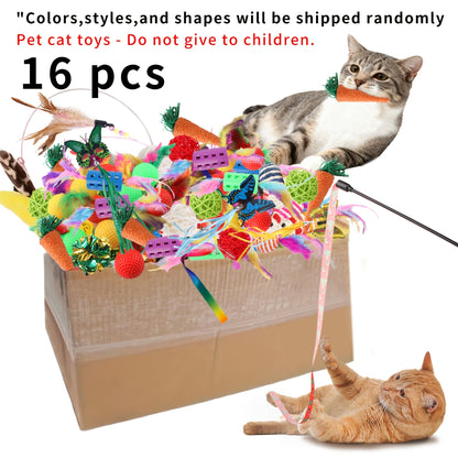 Ensemble de jouets variés pour chats 16/32/64/200 pièces - Assortiment de jouets interactifs en plastique, plumes et polyester pour chats, couleurs et styles aléatoires, lot de jouets en gros pour chats et chatons, pack découverte pour le jeu quotidien