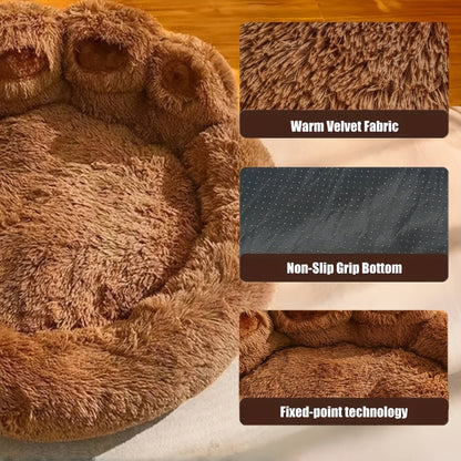 Panier rond pour chien et chat motif patte d’ours – Lit apaisant et doux pour animal de compagnie, antidérapant, chaud et confortable, petit, moyen, grand modèle, 50/60/70/90 cm, café/rose/gris
