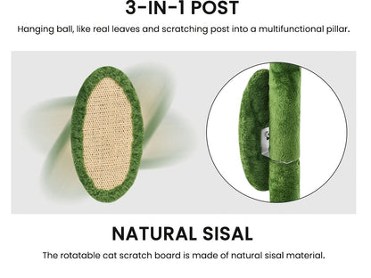 Arbre à chat de 140 cm pour chats d'intérieur avec feuilles vertes – Grande tour à chat multi-niveaux avec hamac, poteaux à griffer en sisal, jouet à suspendre, mobilier pour chat pour salon et chambre