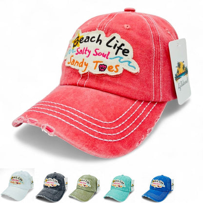 Casquette de baseball brodée, style vintage effet usé, motif « Beach Life Salty Soul Sandy Toes » – Design d'artiste local, 100 % coton, protection UV, réglable, chapeau de soleil côtier, cadeau pour amoureux de la plage