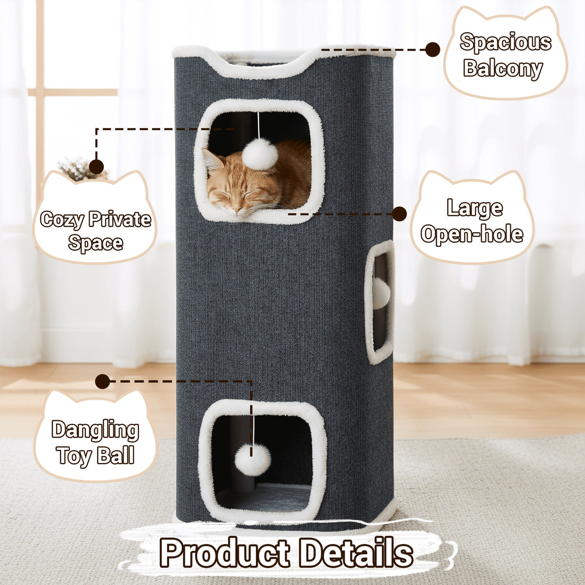 Arbre à chat pliable multi-niveaux pour chats d'intérieur – Griffoir, perchoir confortable, niche avec balle suspendue, refuge, panier douillet, options 1/3/4 étages