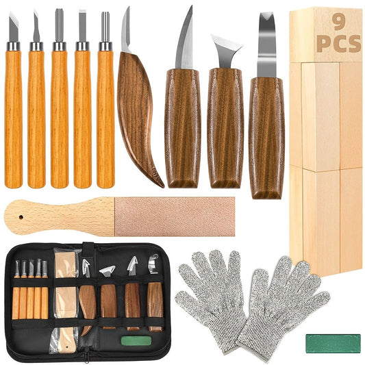 Wood Carving Knife Set PU Case 15-23 Piece Whittling Kit Chisel Hook Detail Geometric Knife Safety Gloves Leather Strop Basswood Block Art Craft Gift