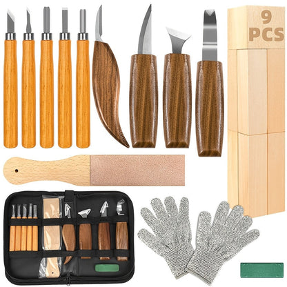 Ensemble de couteaux de sculpture sur bois, étui en polyuréthane, kit de 15 à 23 pièces, ciseau, couteau à crochet, couteau de précision, couteau géométrique, gants de sécurité, cuir à rasoir, bloc de tilleul, cadeau d'artisanat