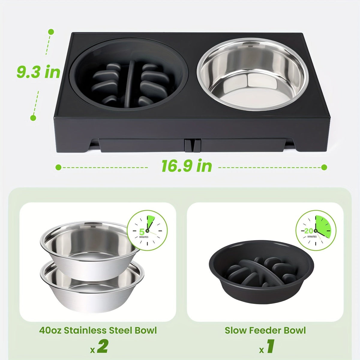 Support surélevé ajustable pour gamelles de chien avec lot de 3 gamelles – 5 hauteurs de 8,1 à 31 cm, 2 gamelles en acier inoxydable + gamelle anti-glouton pour petits, moyens et grands chiens, mangeoire surélevée noire ou grise