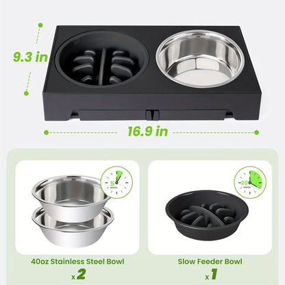 Support surélevé ajustable pour gamelles de chien avec lot de 3 gamelles – 5 hauteurs de 8,1 à 31 cm, 2 gamelles en acier inoxydable + gamelle anti-glouton pour petits, moyens et grands chiens, mangeoire surélevée noire ou grise