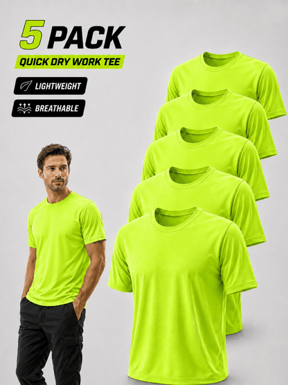 Lot de 5 chemises de travail de sécurité pour hommes UPF 50+ – T-shirts de performance respirants à séchage rapide pour les travaux en extérieur, jaune fluorescent haute visibilité, S-XXXL, cadeau pour papa