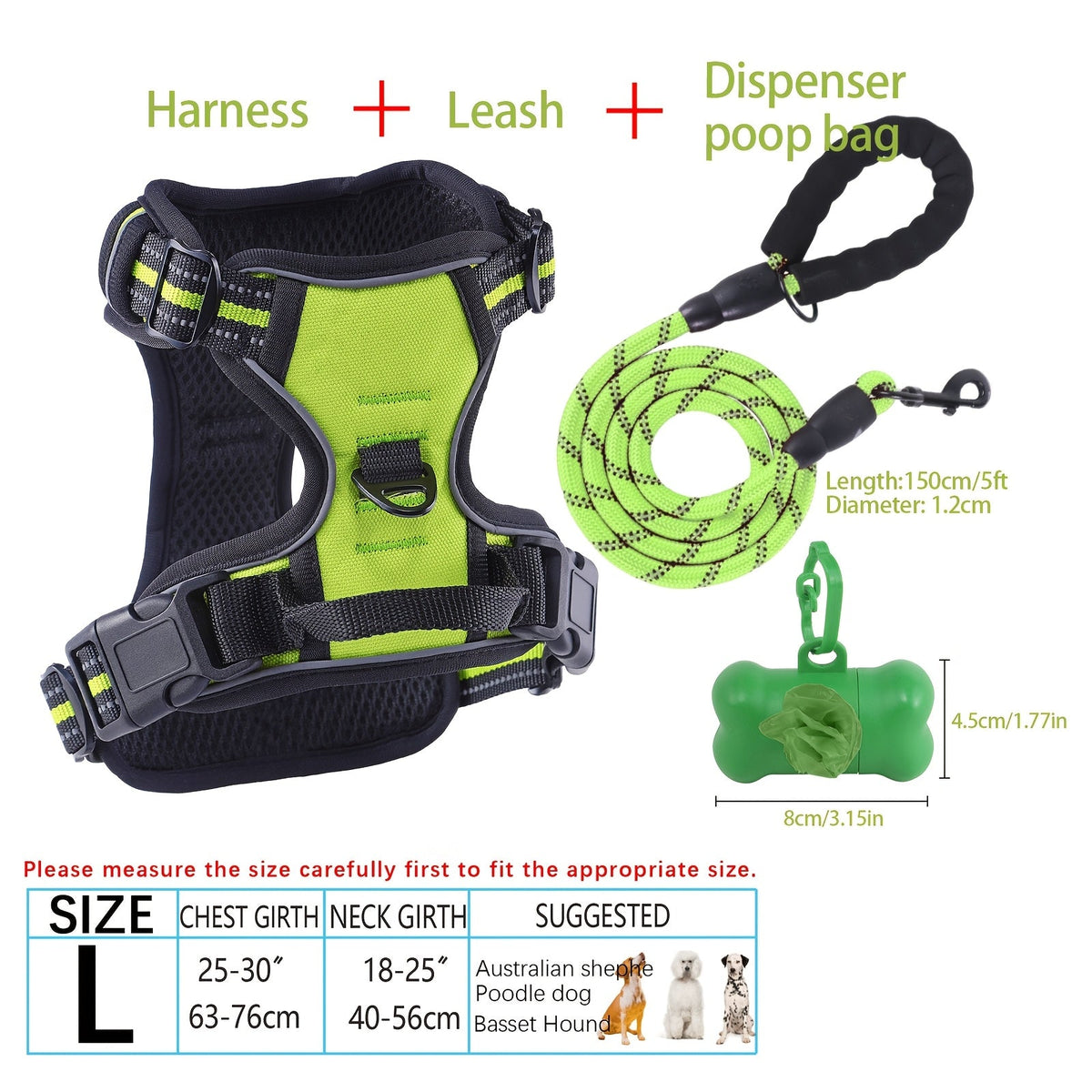Ensemble harnais et laisse pour chien 4 pièces, gilet réfléchissant en Oxford anti-traction et anti-étranglement avec laisse, distributeur de sacs à déjections et poignée de contrôle facile, pour chiens moyens et grands, dressage et promenade en extérieur