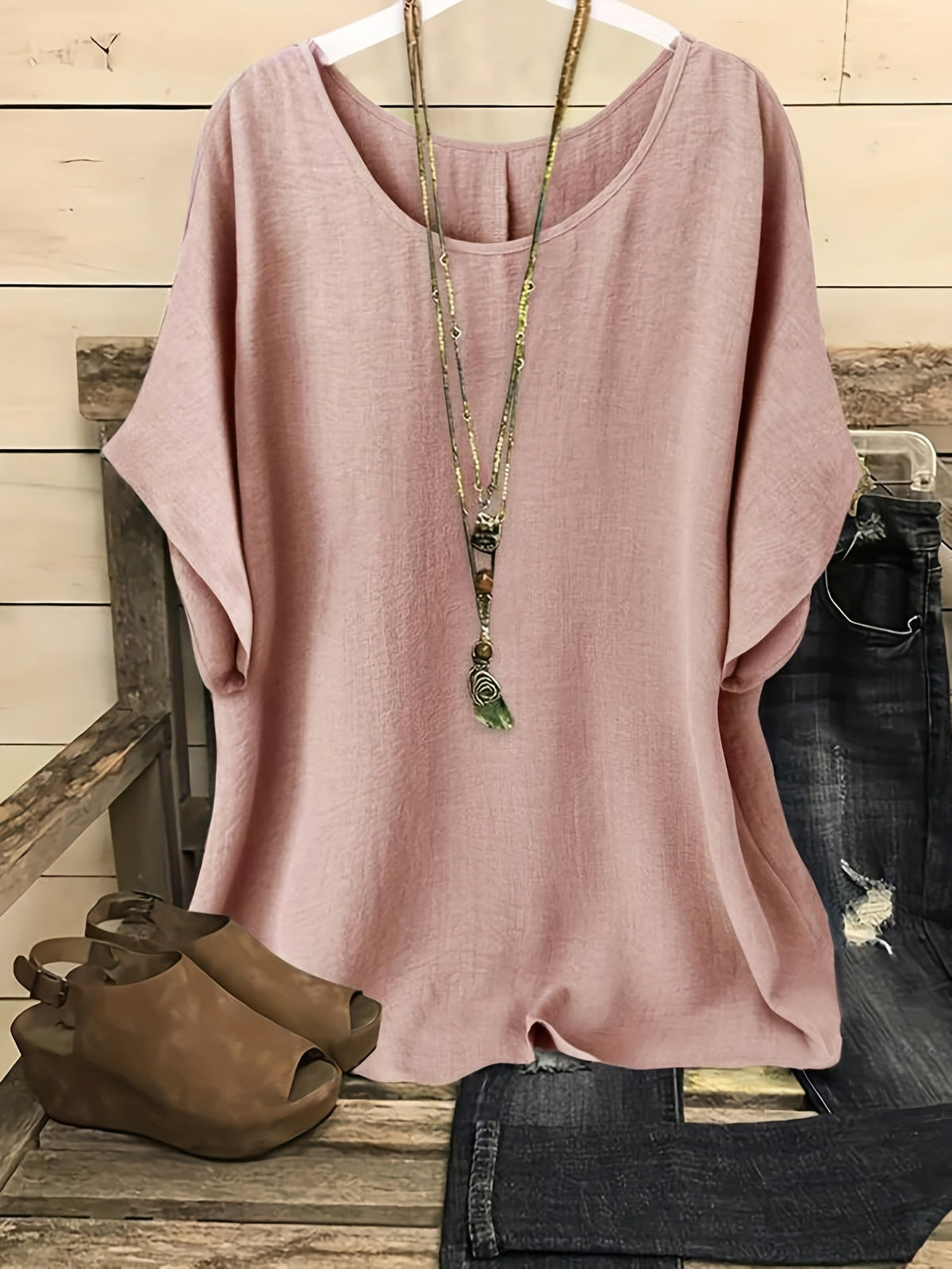 Haut de plage ample et brillant pour femme – T-shirt de vacances à manches courtes et col rond, couleur unie, pour sorties estivales décontractées