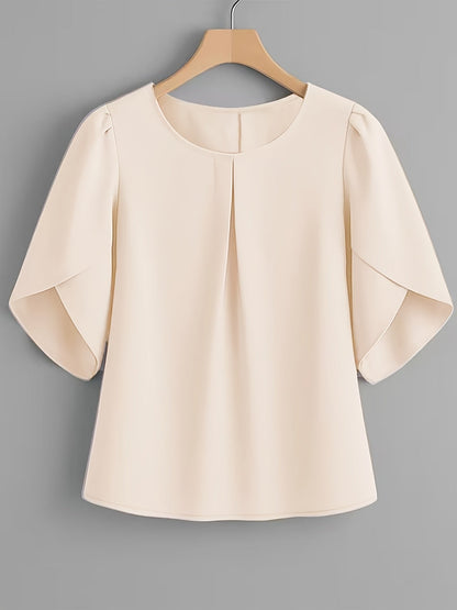 Chemisier femme à manches courtes, col rond, poignets à volants et plis sur la poitrine – Haut élégant en tissu 100 % polyester, semi-transparent, avec manches fendues