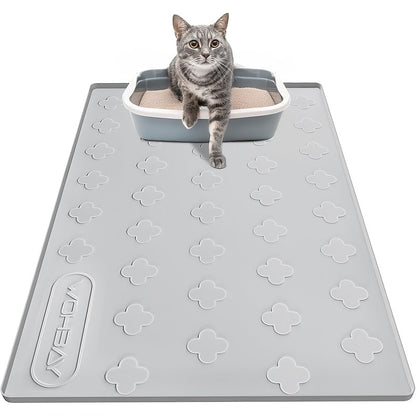 Tapis de litière pour chat en silicone XXL 3-en-1 – Protection de sol lavable et antidérapante avec bords surélevés, retient la litière, les croquettes et les miettes, tapis d'alimentation pliable pour chats, 86 x 56 cm, gris clair et gris foncé