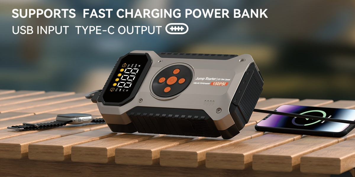 Démarreur de voiture 5000A avec compresseur d'air 150 PSI – Batterie de secours portable 12000 mAh, gonfleur de pneu numérique, USB-C et USB-A, lampe de secours LED pour moteurs essence et diesel 12V