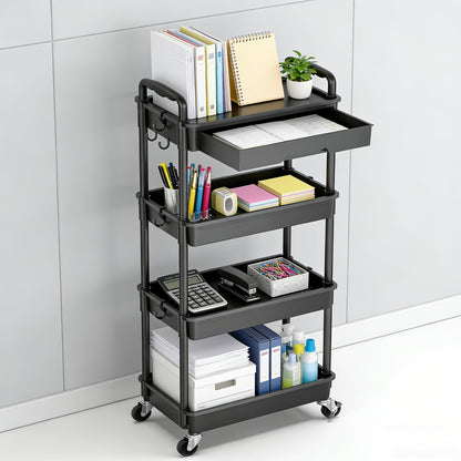 Desserte de rangement à roulettes 3 et 4 niveaux avec tiroir et roues verrouillables – Étagère de rangement multifonctionnelle en plastique pour cuisine, salle de bain, salon, bureau – 7 couleurs