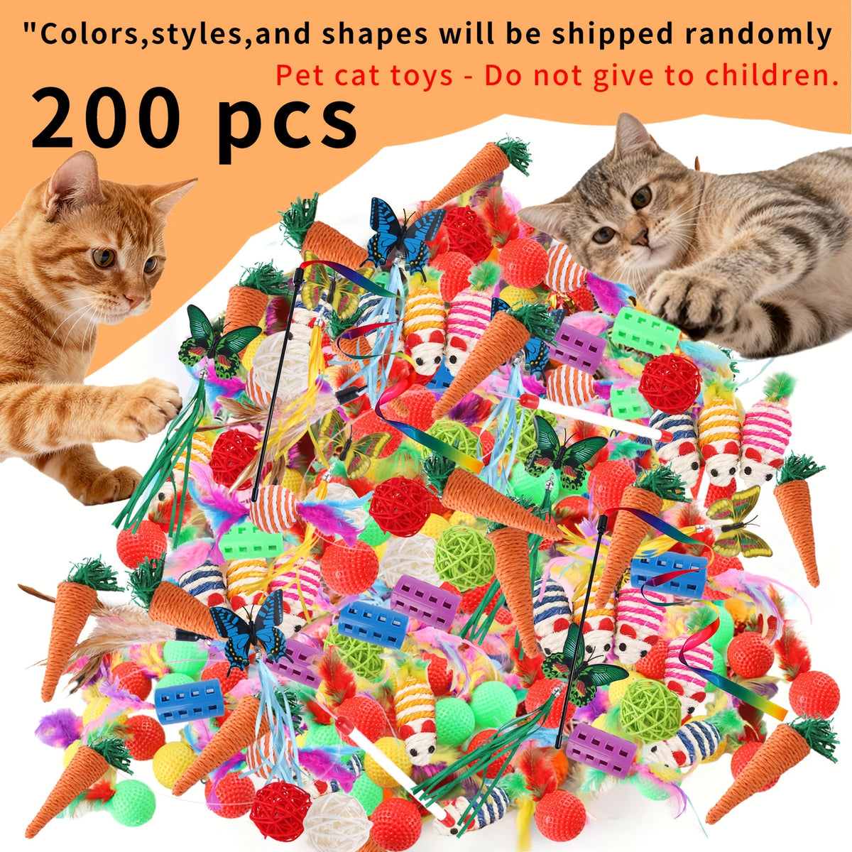 Ensemble de jouets variés pour chats 16/32/64/200 pièces - Assortiment de jouets interactifs en plastique, plumes et polyester pour chats, couleurs et styles aléatoires, lot de jouets en gros pour chats et chatons, pack découverte pour le jeu quotidien