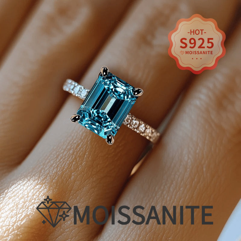 Bague de promesse en argent sterling S925 et moissanite bleue pour femme – Pierre carrée taille princesse, bague de fiançailles ou de mariage avec certificat, tailles 5 à 11, cadeau de luxe élégant