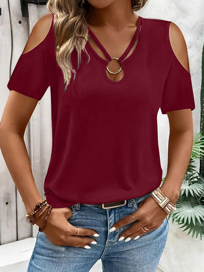 T-shirt femme à épaules dénudées et manches courtes, col rond uni en maille extensible, haut décontracté printemps-été, noir, blanc, bordeaux, bleu, vert olive, chocolat, S M L XL XXL