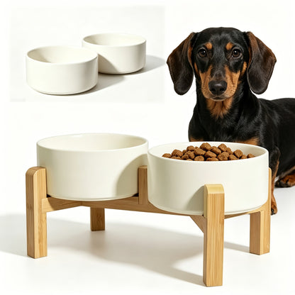 Ensemble de gamelles surélevées en céramique pour chien avec support en bambou - Double gamelle surélevée antidérapante de 850 ml pour chiens, chats et chiots, gamelle anti-glouton à hauteur réglable avec rangement (4 couleurs)