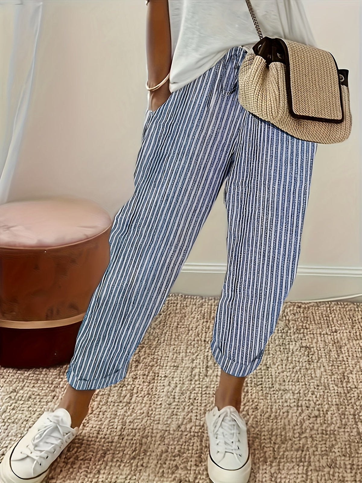Pantalon large à rayures pour femme, coupe décontractée, bande latérale, pantalon léger en polyester - Pantalon mode confortable toutes saisons, tailles S M L XL XXL, plusieurs coloris